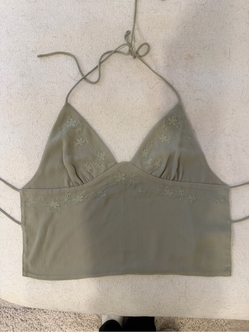 Sage Green Embroidered Halter Crop Top